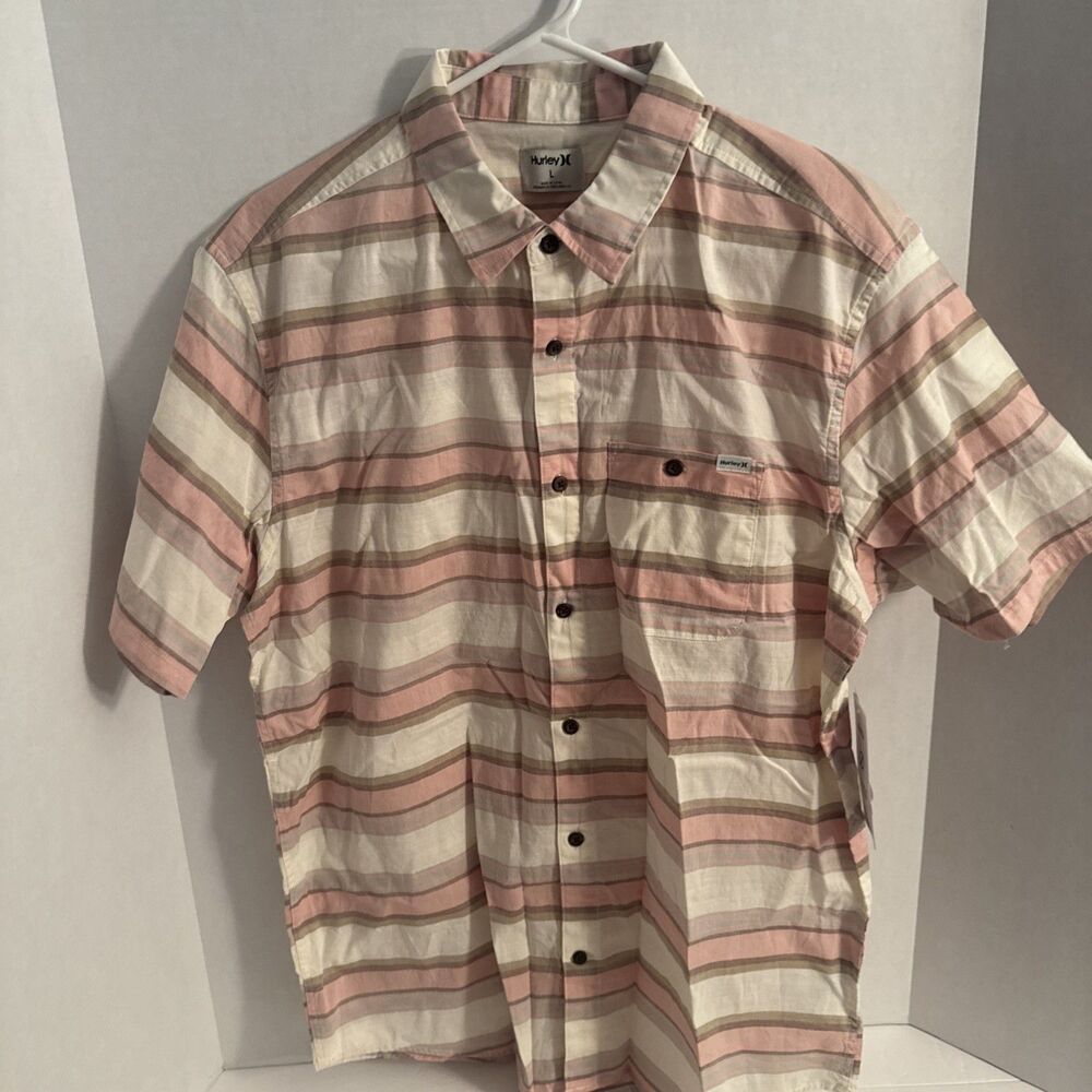 Hurley Mens L Striped Short Sleeve Button Up Shirt Bone Stretch NWT